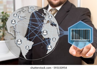 The businessman clicks barcode product network icon on the touch screen the web network.