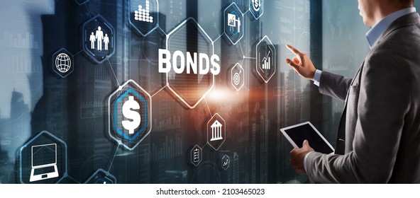 Businessman clicks a bonds virtual screen. Bond Finance Banking Technology concept. Trade Market Network