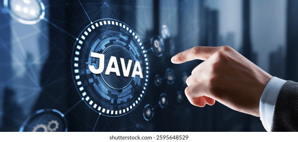Businessman clicks Java programming language application concept on virtual screen.