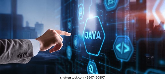 Businessman clicks Java programming language application concept on virtual screen.