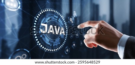 Businessman clicks Java programming language application concept on virtual screen.