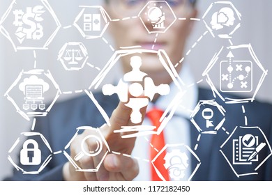 Businessman Clicks A Man Group With Round Table Button On A Virtual Panel. Business Partnership Meeting Work Brainstorming Discussion Concept.