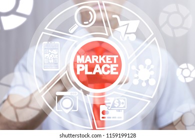 Businessman Clicks A Market Place Words Button On A Virtual Panel. Marketplace. Shop Location. Online Store Position. E-commerce.