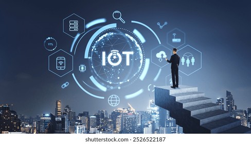 Businessman climbed stairs, Bangkok night skyline, internet of things. IOT sphere hologram and icons. Global network and devices connection. Concept of business city and social media  - Powered by Shutterstock