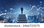 Businessman climbed the stairs, Bangkok skyline at night and forex trading hologram lines and numbers. Concept of financial success, profit and money investment