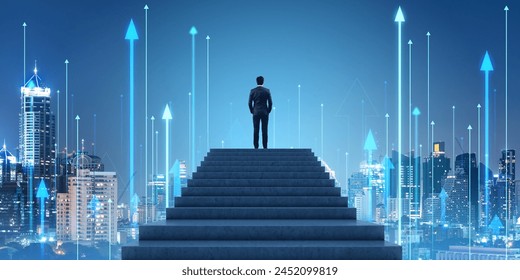 Businessman climbed the stairs, Bangkok skyscrapers at night, double exposure of growing arrows and abstract lines. Concept of smart city, business network and internet of things - Powered by Shutterstock