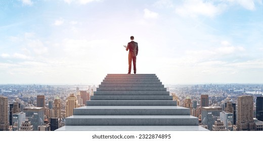 Businessman climbed the stairs with clipboard in hand, panoramic New York cityscape under blue sky. Concept of business goal, achievement, career development and success