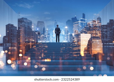 Businessman climbed the stairs, double exposure with New York office buildings at night. Concept of business achievement, goal and leadership