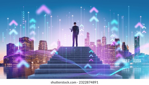 Businessman climbed the stairs, New York skyscrapers in night, double exposure of growing arrows and abstract lines. Concept of smart city, business network and global connection - Powered by Shutterstock - Get 15% off with code: PIKWIZARD15