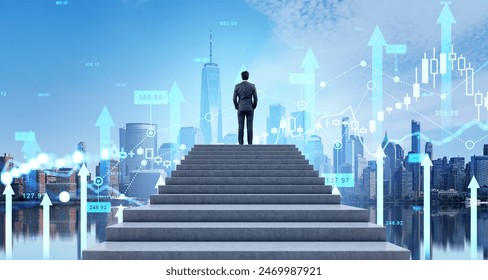 Businessman climbed the stairs, New York cityscape and forex trading hologram lines and rising arrows. Concept of financial success, global stock market and money investment - Powered by Shutterstock - Get 15% off with code: PIKWIZARD15