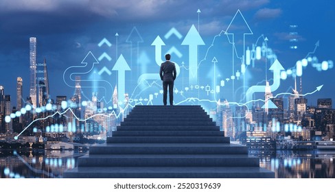 Businessman climbed the stairs, New York night cityscape and forex trading hologram lines and rising arrows. Concept of financial success, money investment and business growth