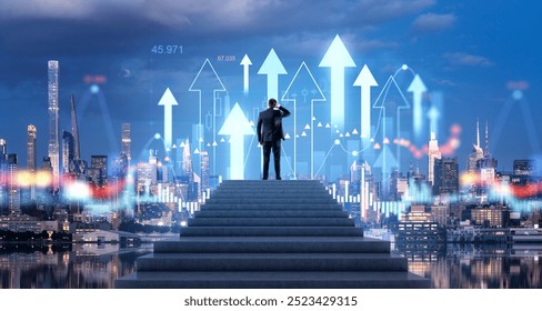 Businessman climbed the stairs, New York cityscape and forex trading hologram lines and rising arrows. Concept of financial success, global stock market and money investment