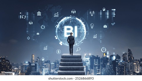 Businessman climbed the stairs, New York city skyscrapers at night. Glowing BI sphere hologram with marketing and technology icons. Concept of decision making, insights and analysis - Powered by Shutterstock