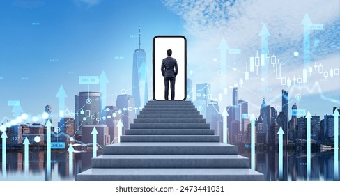 Businessman climbed the stairs, smartphone blank display. New York cityscape and forex trading hologram lines and rising arrows. Concept of financial success, global network and investment - Powered by Shutterstock