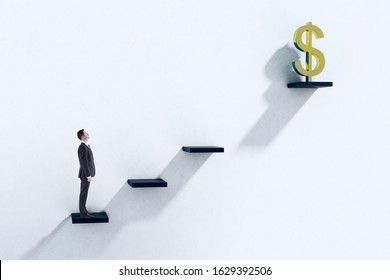 Businessman Climbing Abstract Ladder To Dollar Symbol On White Background. Financial Growth And Success Concept