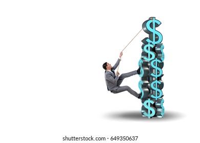 Businessman climbing dollar challenge tower - Powered by Shutterstock