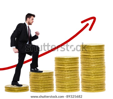 Businessman climbing a ladder of money