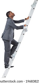 Businessman Climbing Up Ladder On White Background