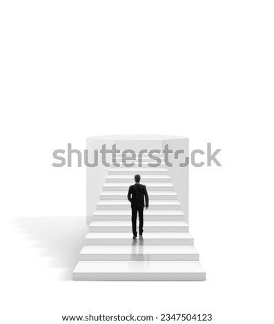 Businessman climbing on concrete stairs. Success and career growth concept