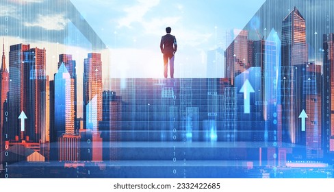 Businessman climbing stairs in city looking at buildings wireframe, skyscrapers in matrix. Concept of futuristic technology, business in metaverse, smart city and global internet connection. New York - Powered by Shutterstock