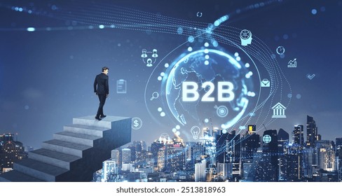 Businessman climbing stairs, city skyscrapers at night. B2b glowing earth hologram hud with icons. Concept of financial success, international marketing, business to business and e-commerce - Powered by Shutterstock