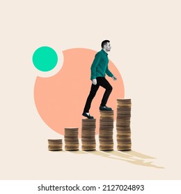 The businessman climbs the stacks of coins, art collage. Success and innovation in the financial sector. - Shutterstock ID 2127024893