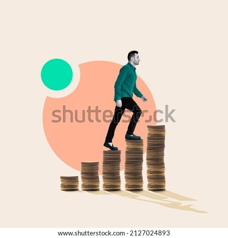 The businessman climbs the stacks of coins, art collage. Success and innovation in the financial sector.