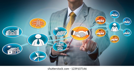 Businessman Closing Partnership Deal Between A Renewable Energy Utility Corporation And A Car Fleet Company. Industry Concept For Electric Vehicle, EV, Charging Infrastructure, Green Electricity.