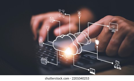 Businessman with cloud computing diagram show on hand. Cloud technology. Data storage. Networking and internet service concept.