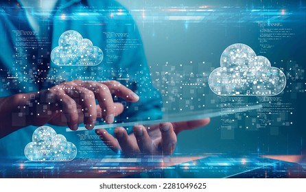 Businessman with cloud computing diagram show on virtual screen. Cloud technology. Data storage, data transfer, Networking and internet service concept, technology internet storage network.