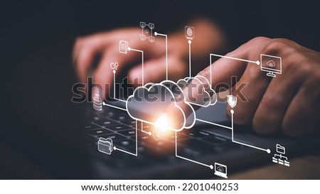 Businessman with cloud computing diagram show on hand. Cloud technology. Data storage. Networking and internet service concept.