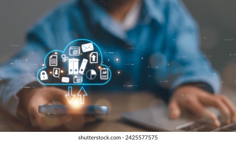 Businessman with cloud computing diagram. Cloud technology. Data storage. Networking and Internet service concept.	