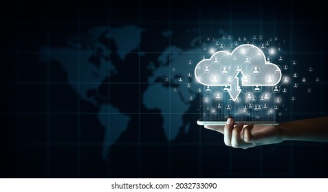 Businessman with Cloud computing technology internet storage network and smartphone. Connect mobile devices to cloud. Cloud technology and Cloud storage Concept.
