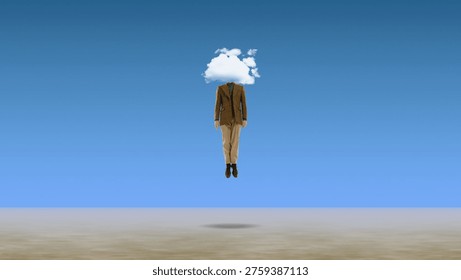Businessman with cloud instead of head floating above minimal landscape. Concept of unclear thinking mental fog, imagination creativity, abstract identity and surreal business mindset.