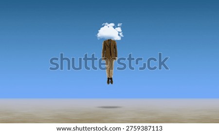 Businessman with cloud instead of head floating above minimal landscape. Concept of unclear thinking mental fog, imagination creativity, abstract identity and surreal business mindset.