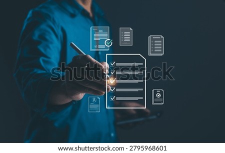 Businessman completing digital checklist and document verification process, featuring compliance management, quality assurance, workflow approval, audit control and business process optimization.