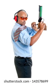 Businessman With Compressed Air Gun