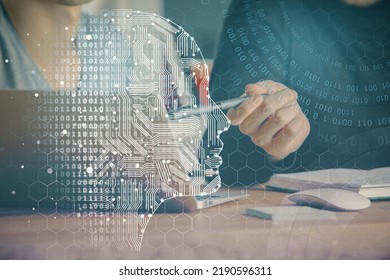 Businessman With Computer Background With Brain Theme Hologram. Concept Of Brainstorm. Multi Exposure.