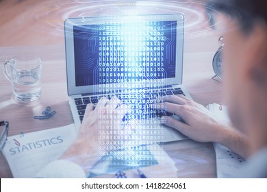 Businessman with computer background with technology theme hologram. Concept of big data. Double exposure. - Powered by Shutterstock - Get 15% off with code: PIKWIZARD15