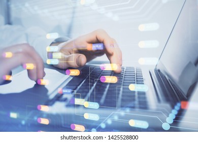 Businessman with computer background with technology theme hologram. Concept of big data. Double exposure.