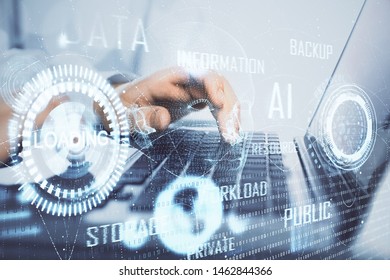 Businessman with computer background with technology theme hologram. Concept of big data. Double exposure.