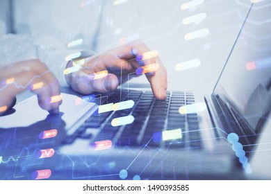 Businessman with computer background with technology theme hologram. Concept of big data. Double exposure.
