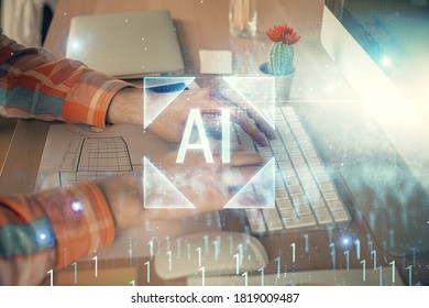 Businessman with computer background with technology theme hologram. Concept of big data. Double exposure.