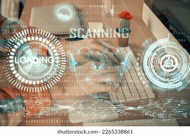 Businessman with computer background with technology theme hologram. Concept of big data. Double exposure.