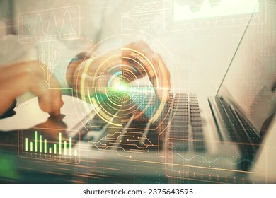 Businessman with computer background with technology theme hologram. Concept of big data. Double exposure.