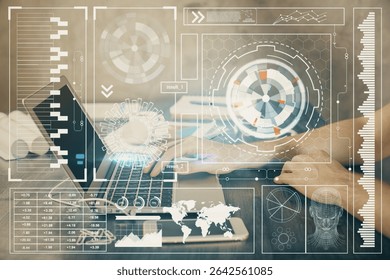 Businessman with computer background with technology theme hologram. Concept of hightech. Multi exposure.
