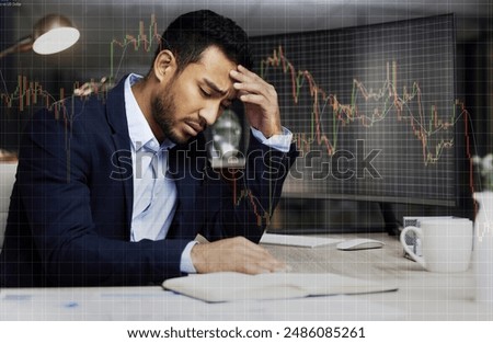 Businessman, computer chart and stress for trading mistake, recession and stock exchange overlay in office. Trader, graph monitor and fear for investment crisis with anxiety, economy and profit loss