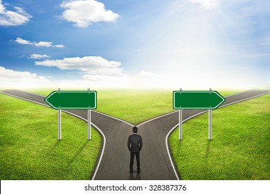 Businessman concept, Blank sign post on road the correct way.