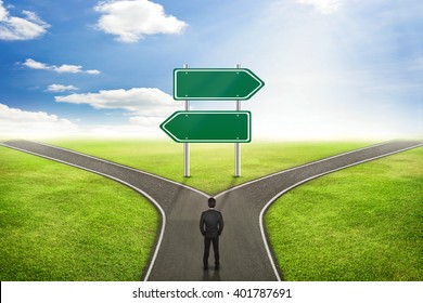 Businessman concept, Blank sign post road to the correct way.