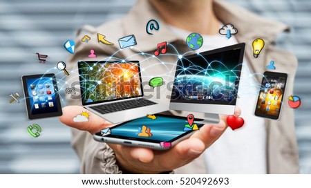 Businessman connected tech devices and icons applications with his mobile phone 3D rendering